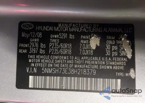 2008 Hyundai Santa Fe Limited/Se from USA, damaged, VIN 5NMSH73E38H218379